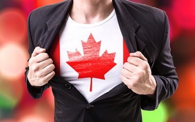 Man Wearing Canadian Flag Under Suit